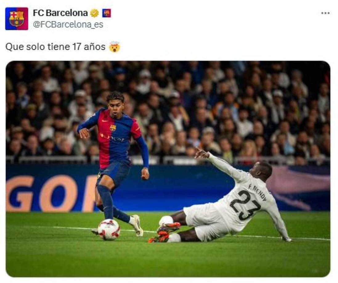 “Que solo tiene 17 años”, publicó el equipo catalán con la foto de Lamine quitándose la marca de Mendy.