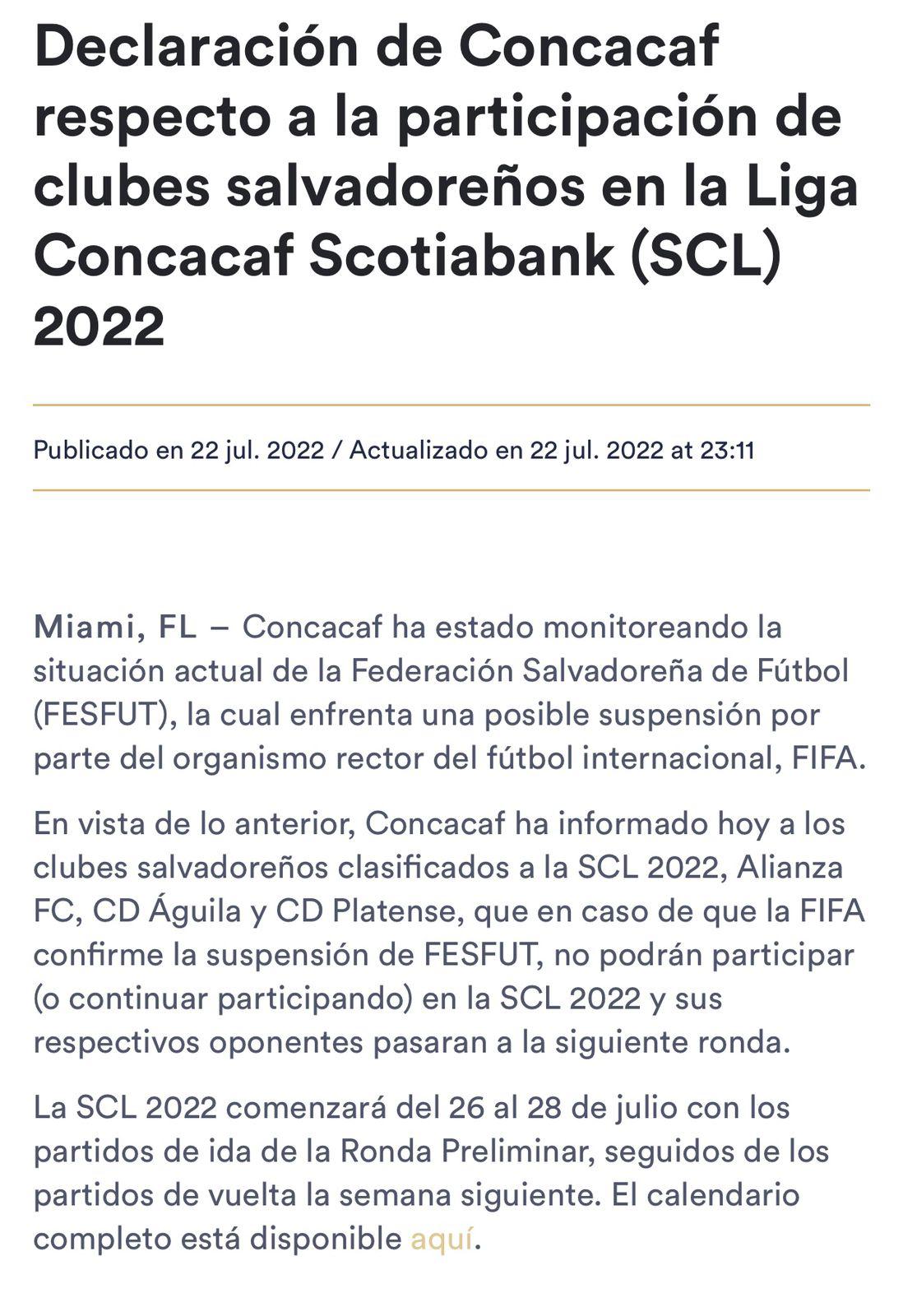 Concacaf tiene bajo advertencia a clubes salvadoreños ante amenaza de suspensión de la FIFA
