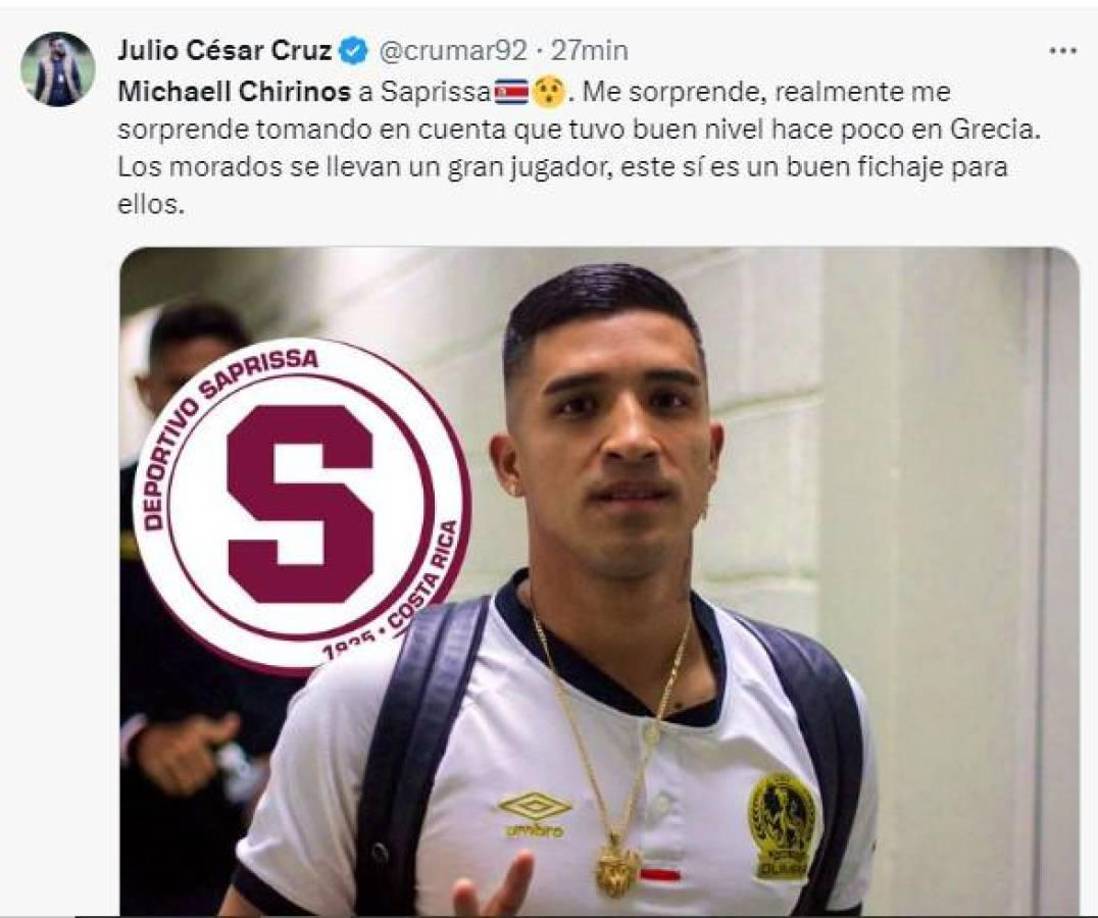 Julio Cruz asegura que le ha sorprendido el fichaje de Chirinos por el Saprissa, ya que mostró un gran nivel en Europa.