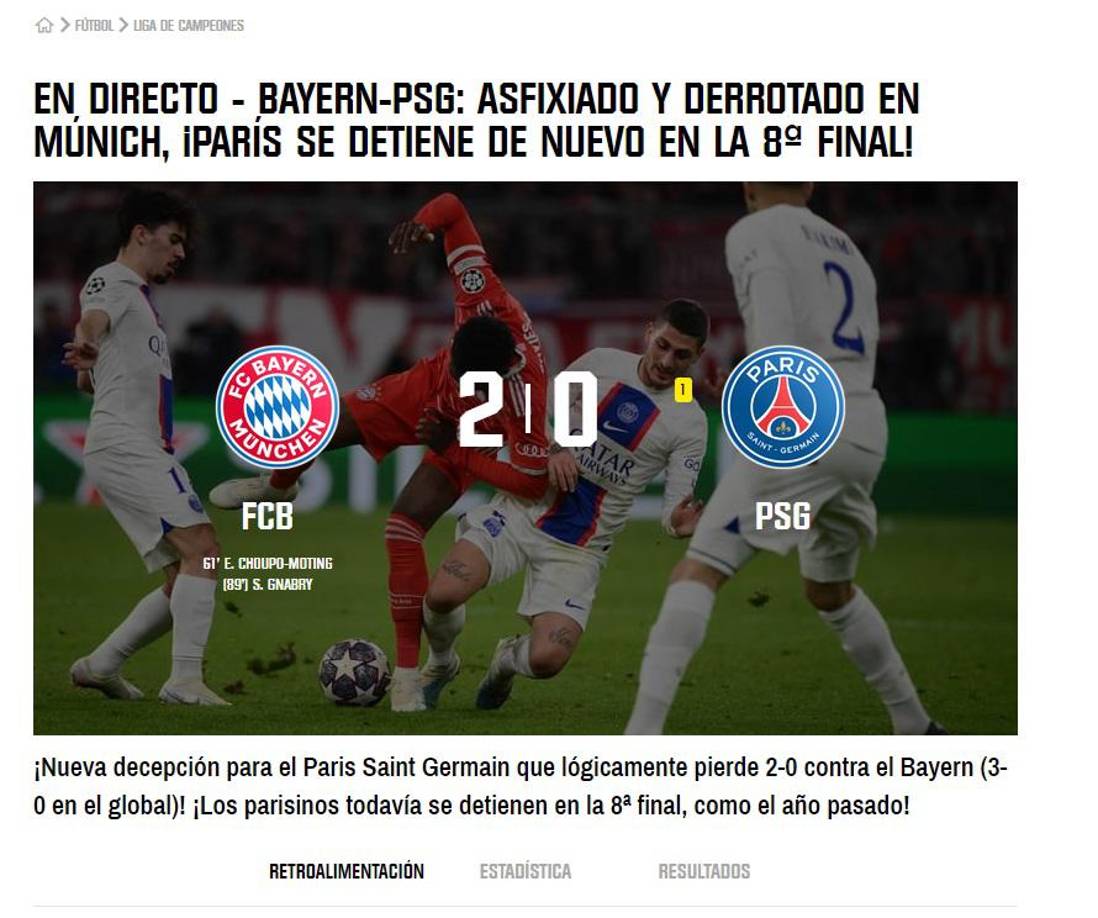RMC Sport de Francia: “Asfixiado y derrotado en Múnich, ¡PSG se detiene de nuevo en octavos de final!”.