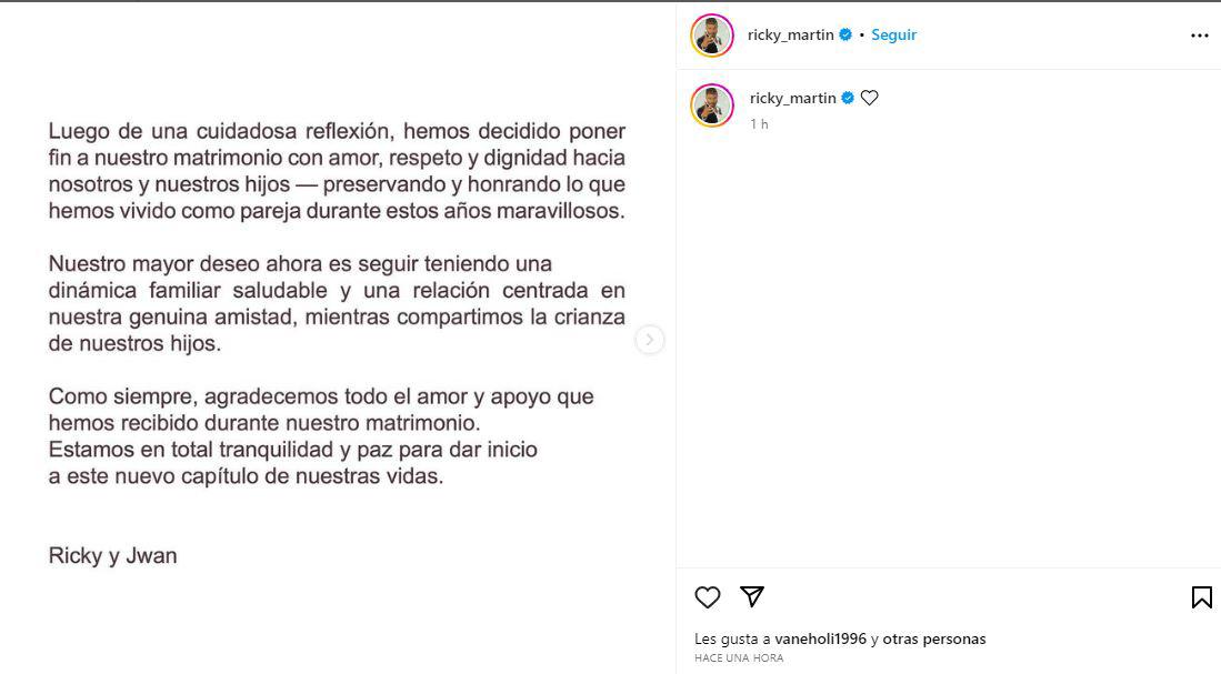 Ricky Martin también compartió el comunicado en sus redes sociales.
