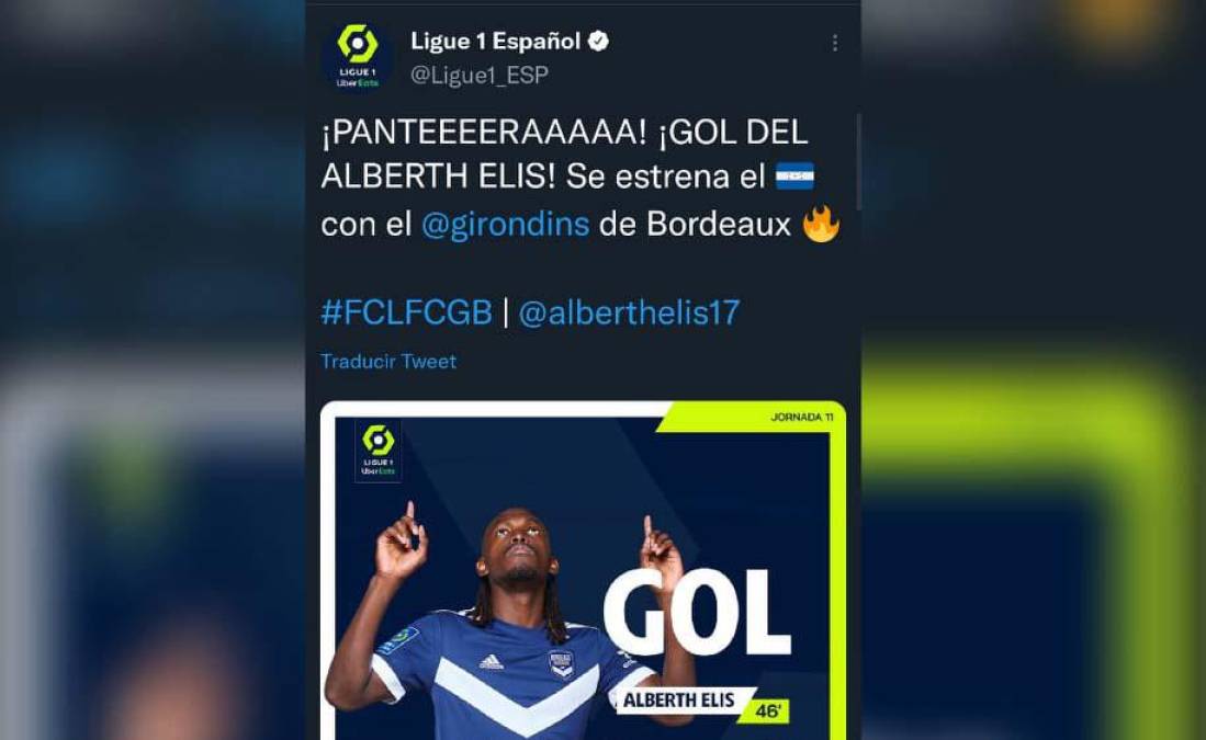 La Ligue 1 en sus redes sociales oficiales destacaron que Alberth Elis marcó su primer gol con el FC Girondins de Burdeos.