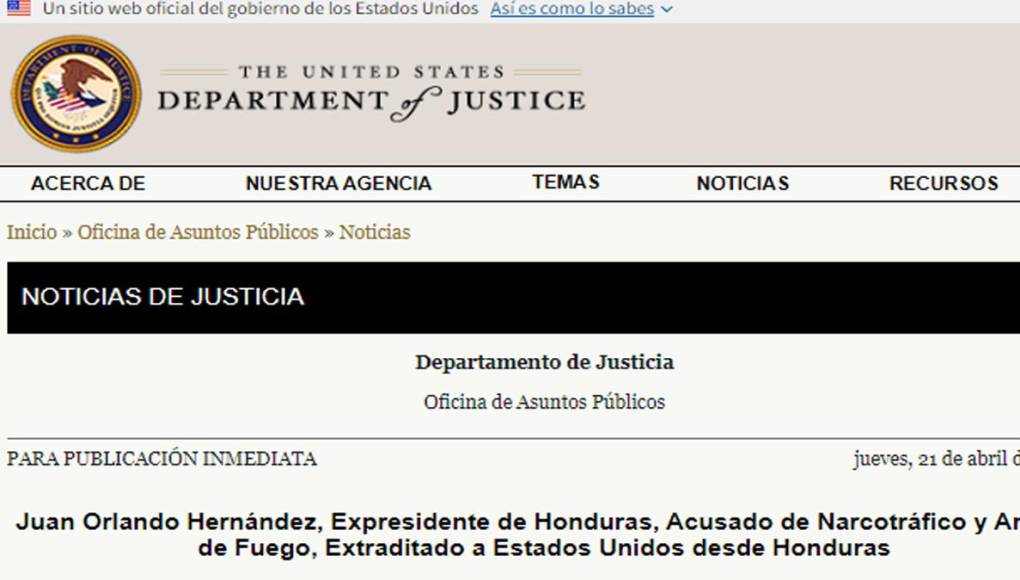 Comunicado del Departamento de Justicia de EEUU sobre los cargos contra Juan Orlando Hernández