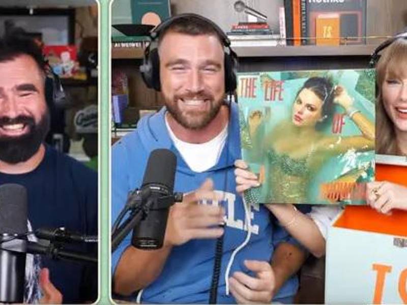 La cantante en 'New Heights' -el pódcast de su pareja, Travis Kelce, y el hermano de este, Jason.