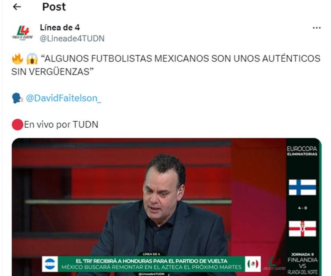 En el programa Línea de 4, Faitelson lanzó fuertes críticas para los seleccionados de México “Me parece que algunos futbolistas mexicanos son unos auténticos sin vergüenzas. No les gusta la crítica, no se comprometen en la cancha de juego, les gusta que siempre estén hablando bien de ellos, les gusta ganar buena plata y nada más”, arremetió fuertemente.