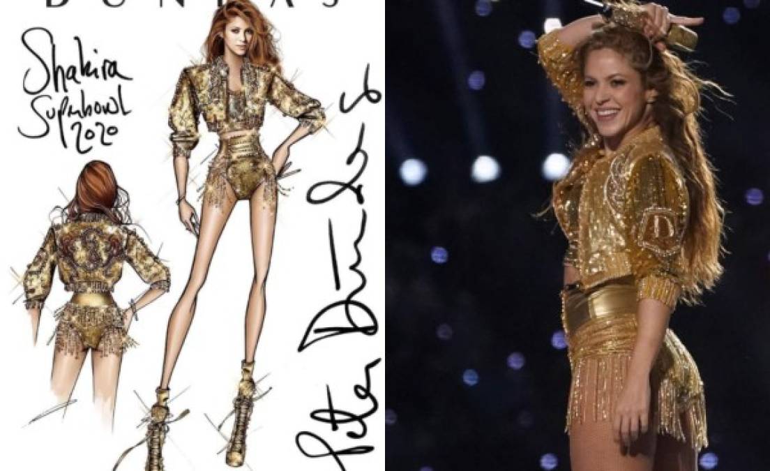 Para este conjunto Dundas usó miles de pequeños cristales Swarovski color dorado, bordado a mano y tallado exclusivamente para Shakira, los tres vestuarios de Shakira son piezas únicas para ser usadas en el Super Bowl 2020.