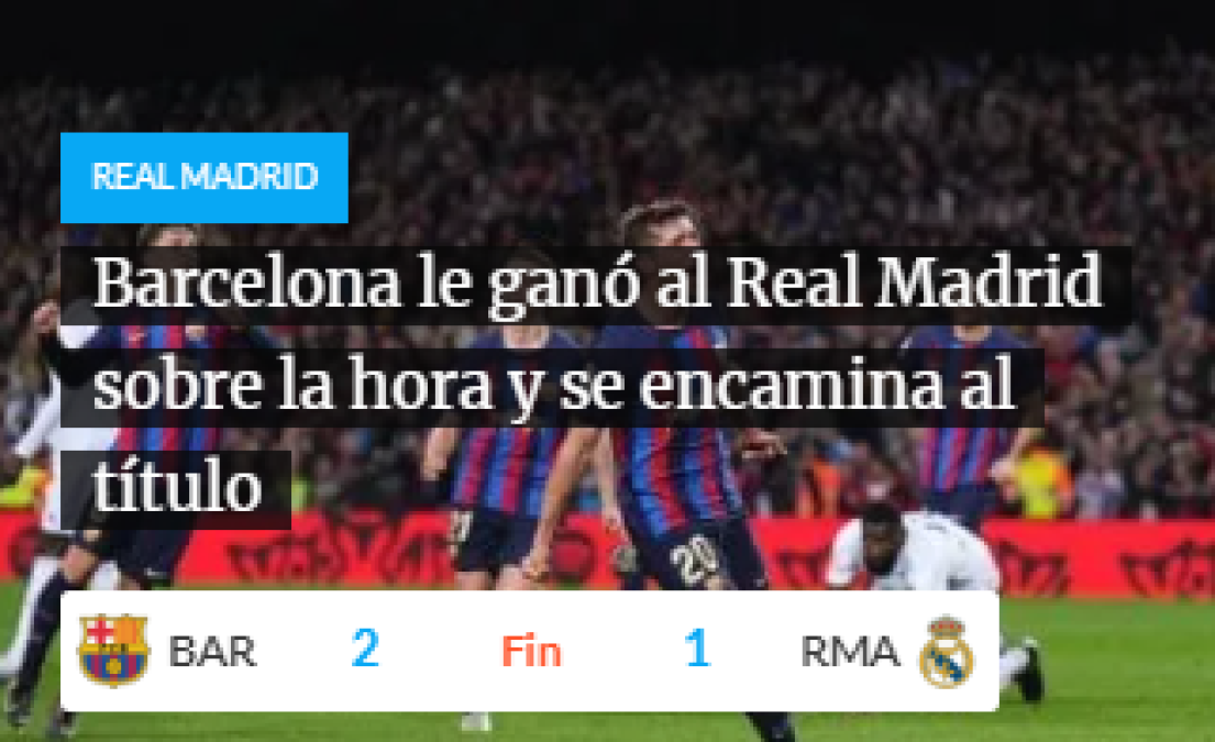 TYC de Argentina: “ Barcelona le ganó al Real Madrid sobre la hora y se encamina al título”.