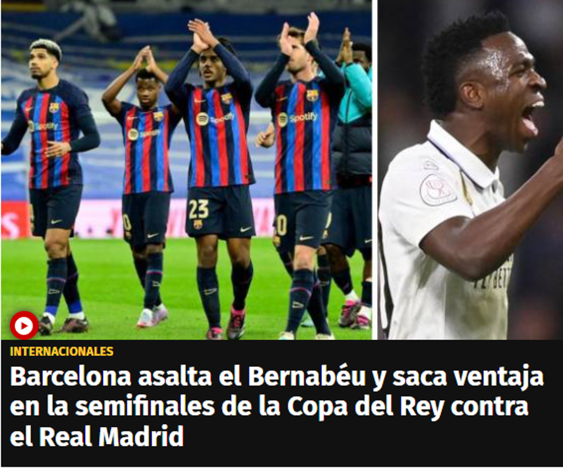 Diario DIEZ: “Barcelona asalta el Bernabéu y saca ventaja en la semifinales de la Copa del Rey contra el Real Madrid”.