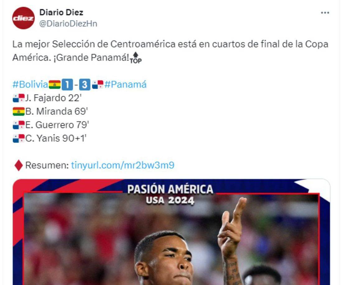 Diario Diez de Honduras: “La mejor selección de Centroamérica está en cuartos de final de Copa América. Grande Panamá”.