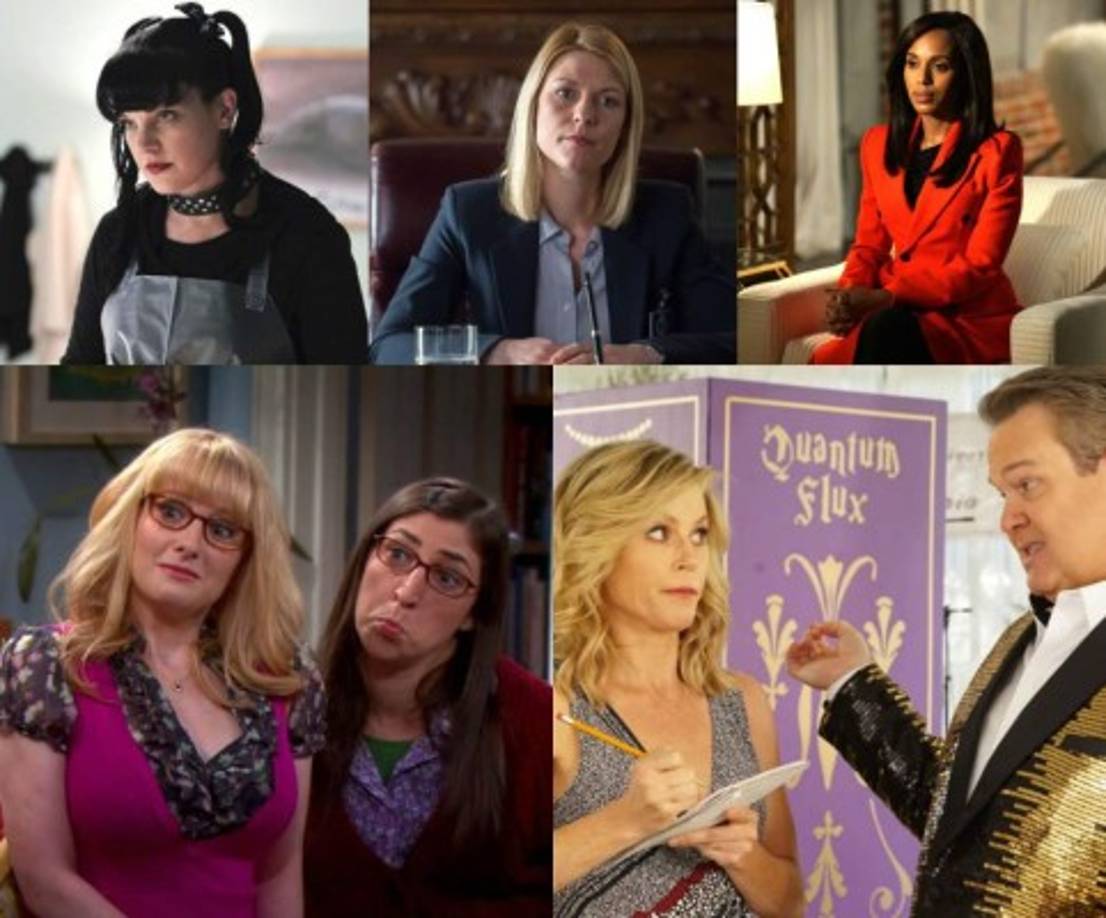 De izquierda a derecha: Pauley Perrette, Claire Danes, Kerry Washington, Melissa Rauch y Mayim Bialik, y Julie Bowen.