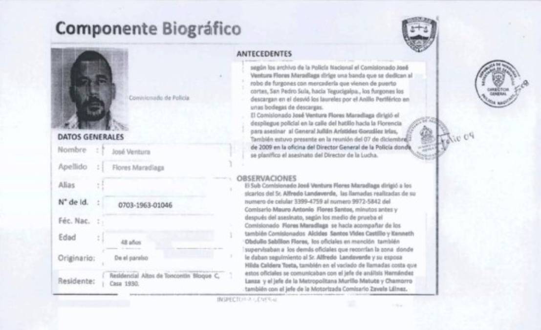 Ficha del comisionado de Policía José Ventura Flores Maradiaga, señalado en los casos de las muertes de Arístides González y Alfredo Landaverde, según publicación de The New York Times atribuida a un informe de la Inspectoría General de la Policía de Honduras.