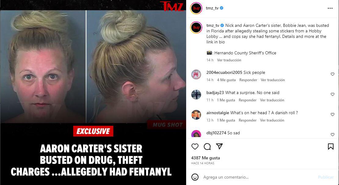 Bobbie Jean fue arrestada el fin de semana por presuntamente robar unas calcomanías con un valor de 55 dólares y poseer fentanilo y cocaína.