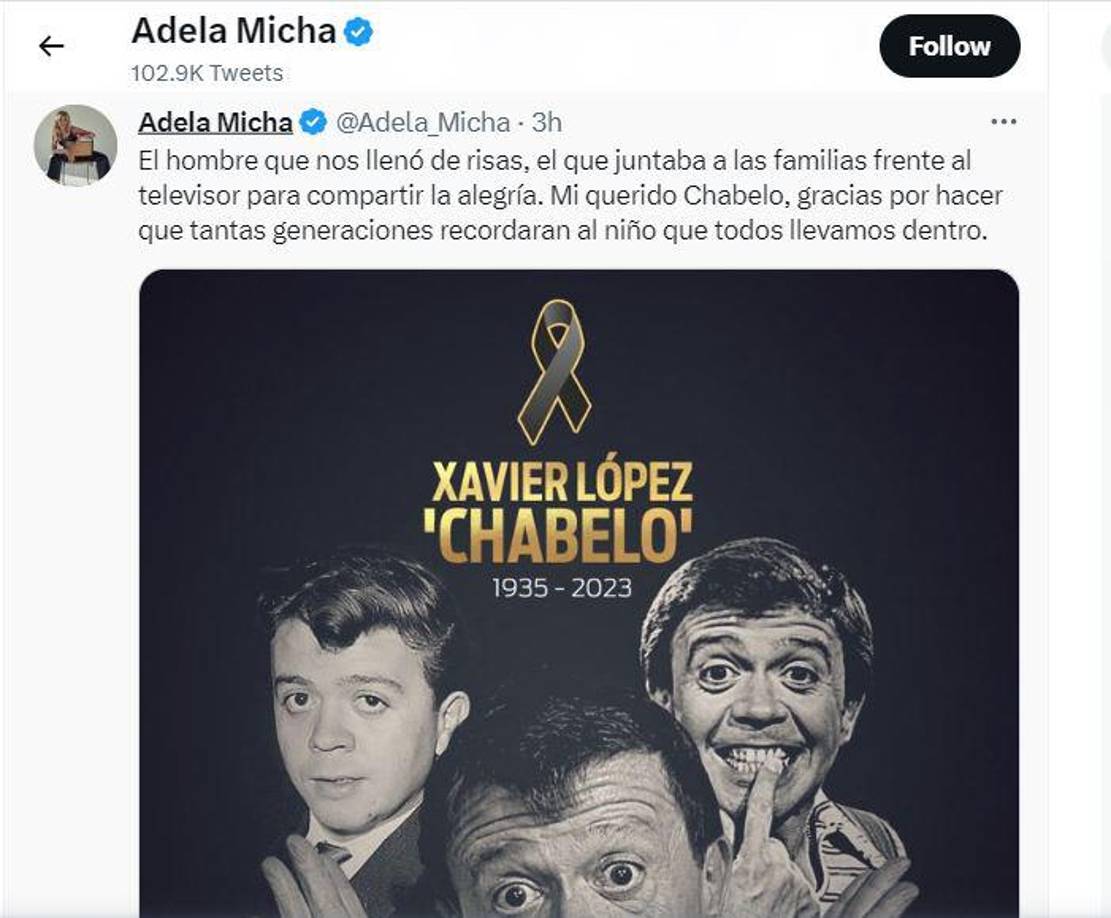 Adela Micha. “El hombre que nos llenó de risas, el que juntaba a las familias frente al televisor para compartir la alegría. Mi querido Chabelo, gracias por hacer que tantas generaciones recordaran al niño que todos llevamos dentro”, dijo la periodista en su cuenta de Twitter.