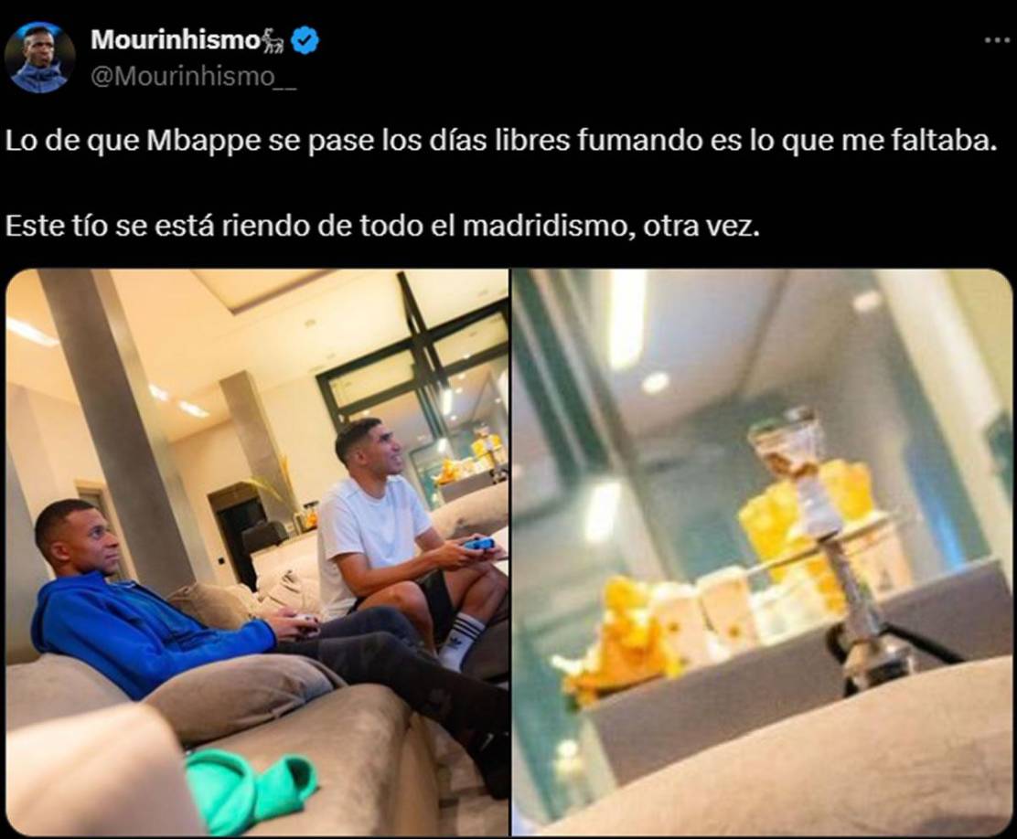 El usuario @Mourinhismo__ fue uno de los primeros en reaccionar, publicando un mensaje que rápidamente se viralizó: “Lo de que Mbappé se pase los días libres fumando es lo que me faltaba. Este tío se está riendo de todo el madridismo, otra vez”, publicó en X (ex Twitter).