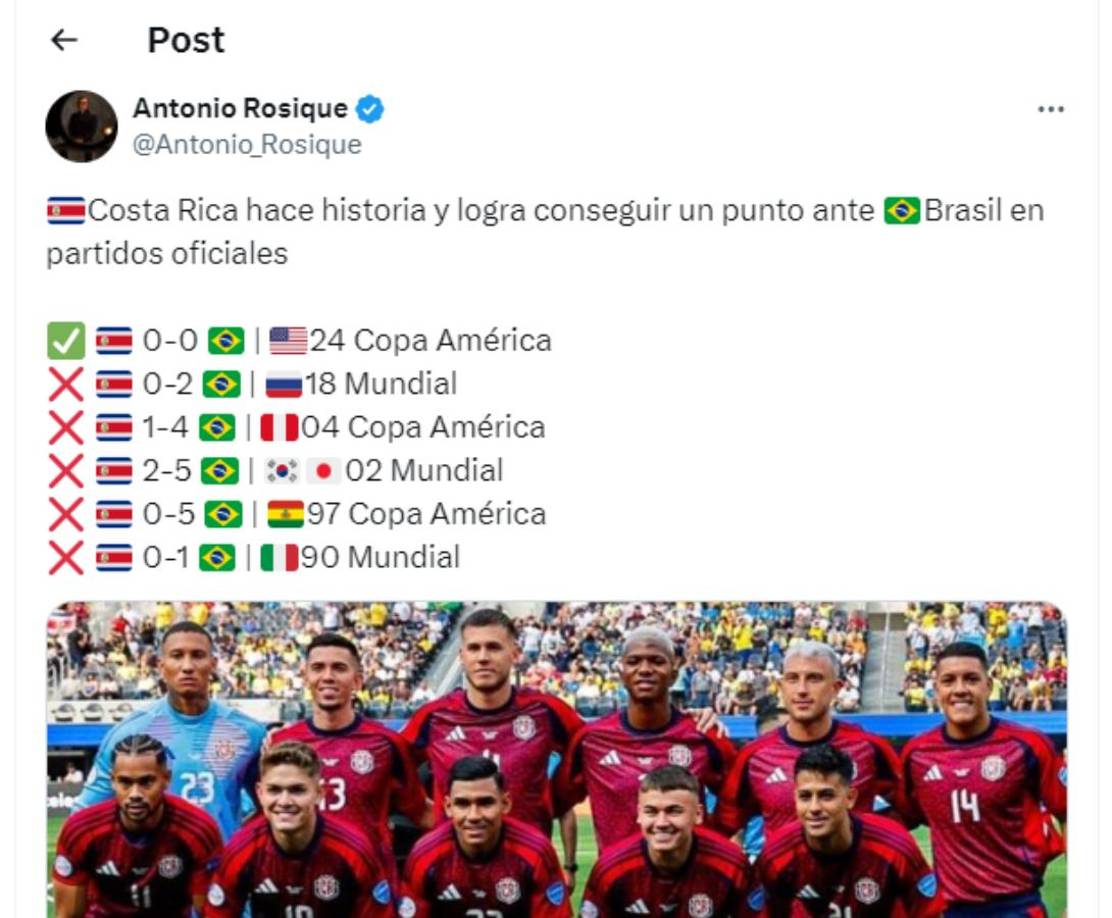 El periodista Antonio Rosique de México: “Costa Rica hace historia y logra conseguir un punto ante Brasil en partidos oficiales.”