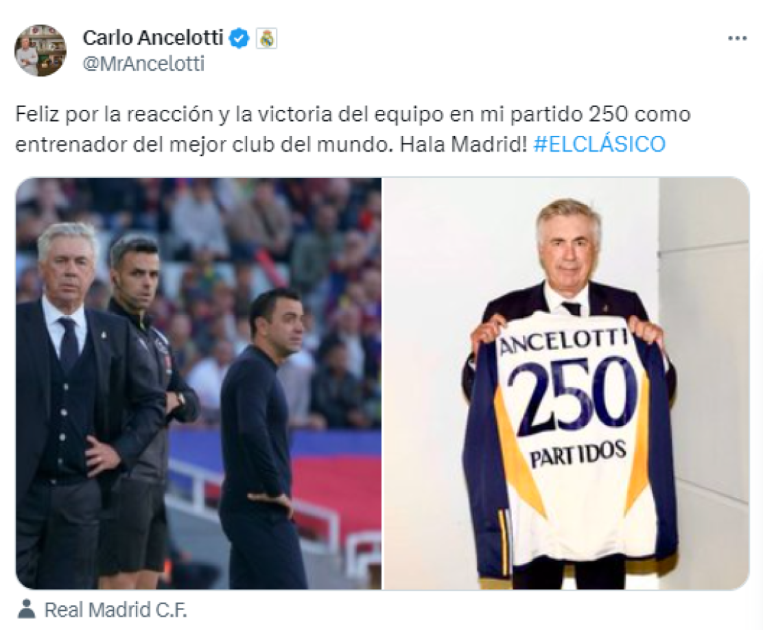 Carlo Ancelotti, entrenador del Real Madrid: “Feliz por la reacción y la victoria del equipo en mi partido 250 como entrenador del mejor club del mundo. ¡Hala Madrid!”. 