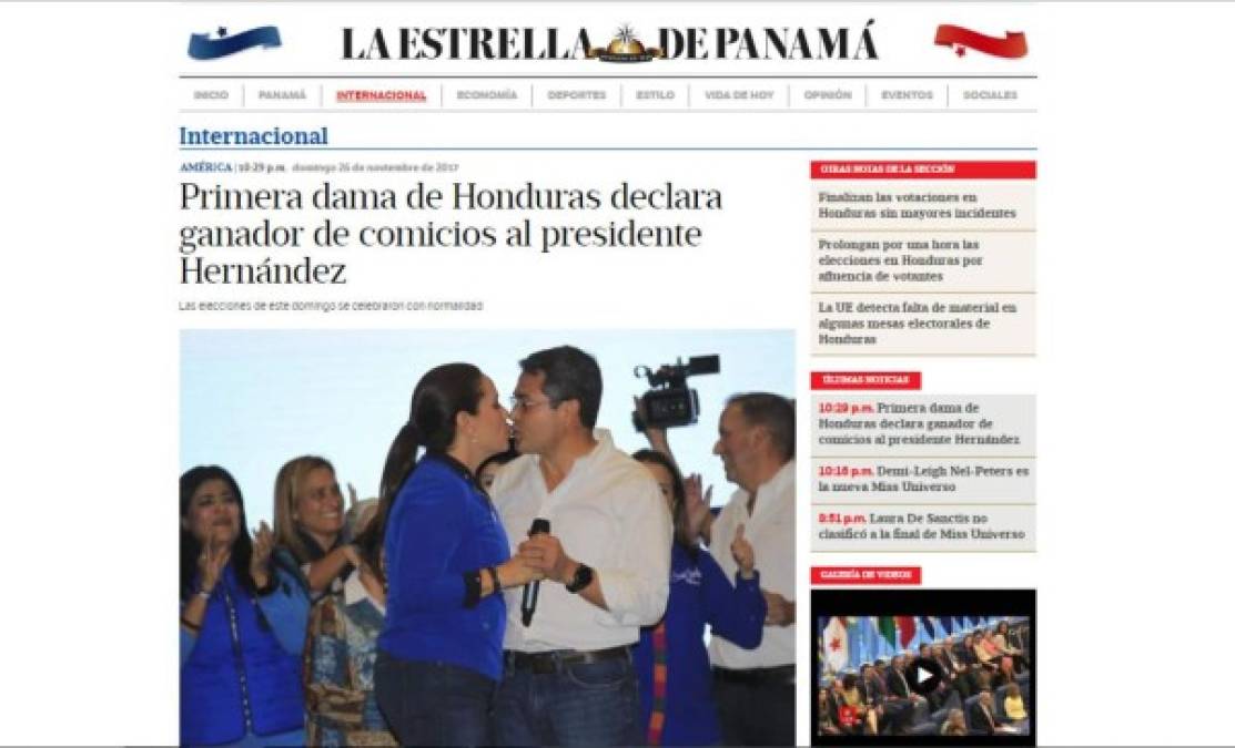 El diario La Estrella de Panamá: 'Primera dama de Honduras declara ganador de comicios al presidente Hernández'. También destaca que 'las elecciones de este domingo se celebraron con normalidad'.