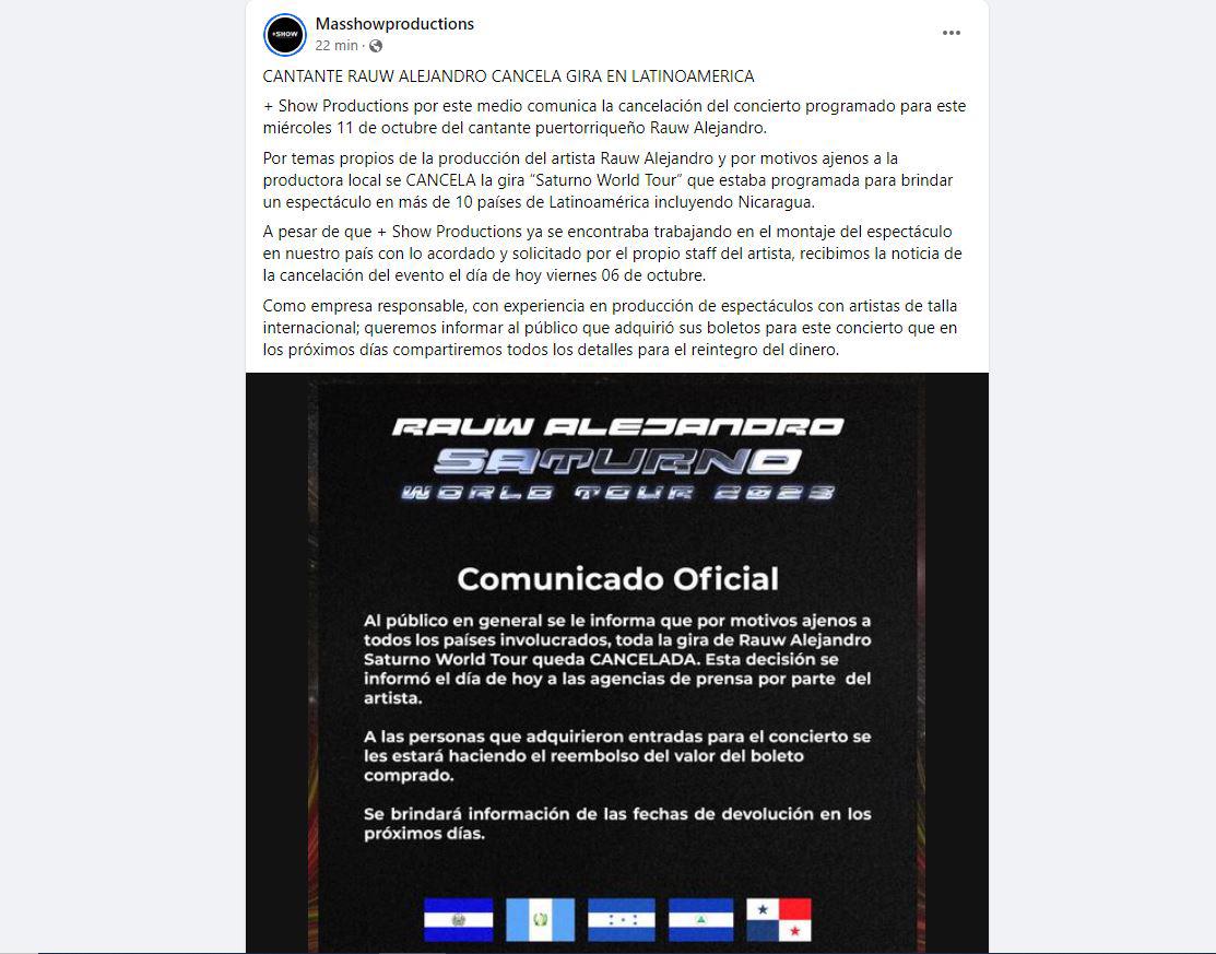 La productora Masshowproductions, de Nicargagua, compartió este comunicado.