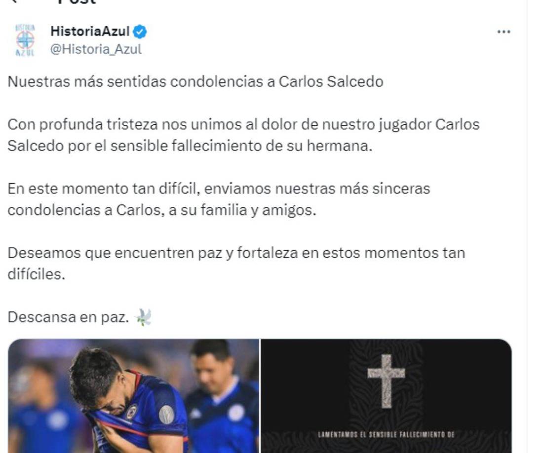 Páginas alusivas al Cruz Azul le dieron el más sentido pésame a su futbolista Carlos Salcedo.