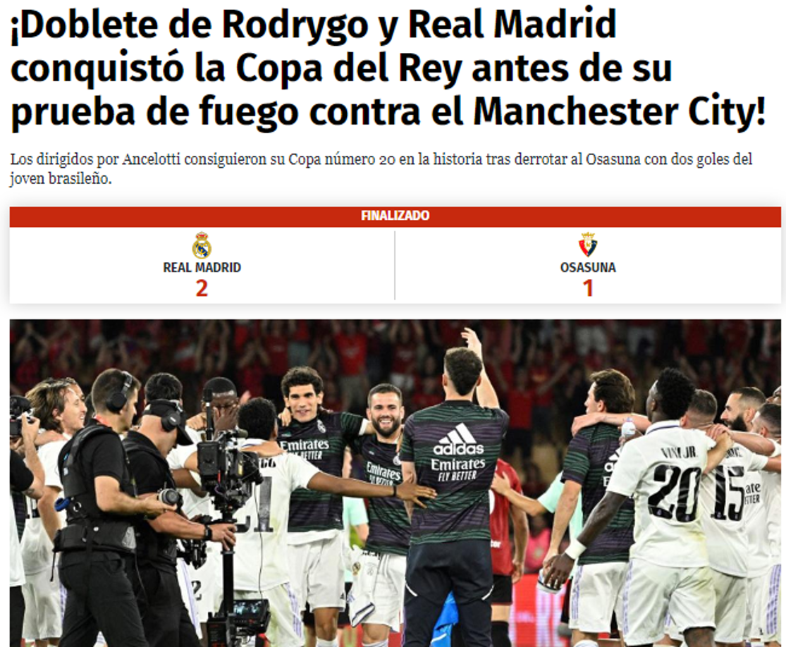 Diario Diez: “¡Doblete de Rodrygo y Real Madrid conquistó la Copa del Rey antes de su prueba de fuego contra el Manchester City!”.