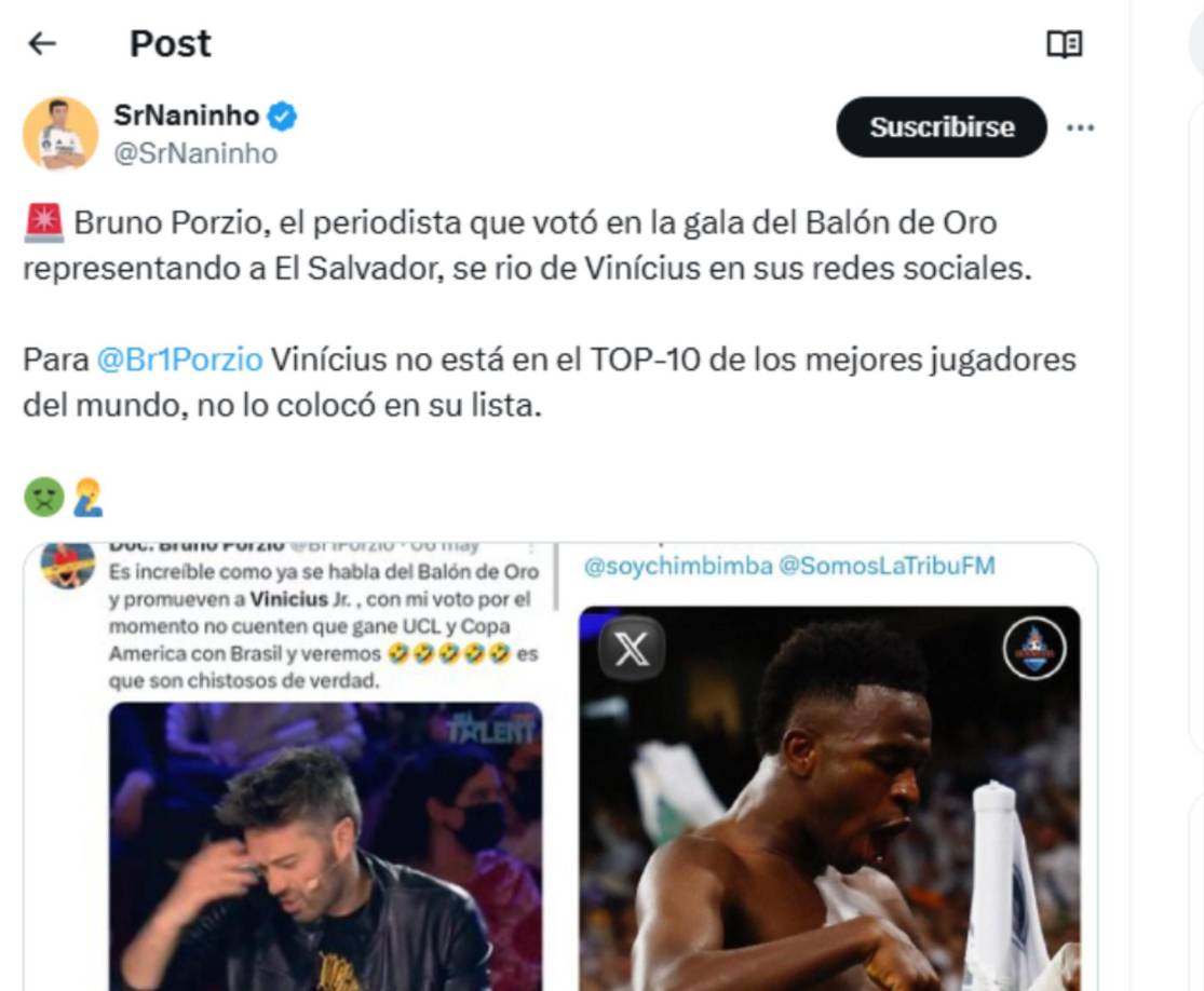 Las redes sociales explotaron por el hecho de que el salvadoreño no puso a Vinicius ni en el top 10. 