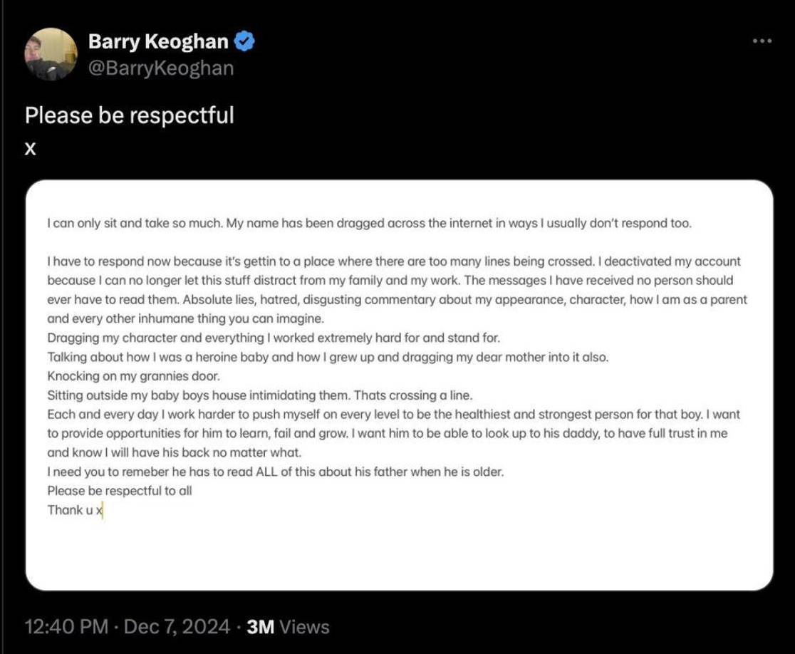 “No puedo aguantar más. Mi nombre ha sido arrastrado por Internet de una forma a la que no suelo responder. Tengo que responder ahora porque se están cruzando demasiadas líneas. No puedo seguir dejando que esto me distraiga de mi familia y mi trabajo”, escribió Barry Keoghan.