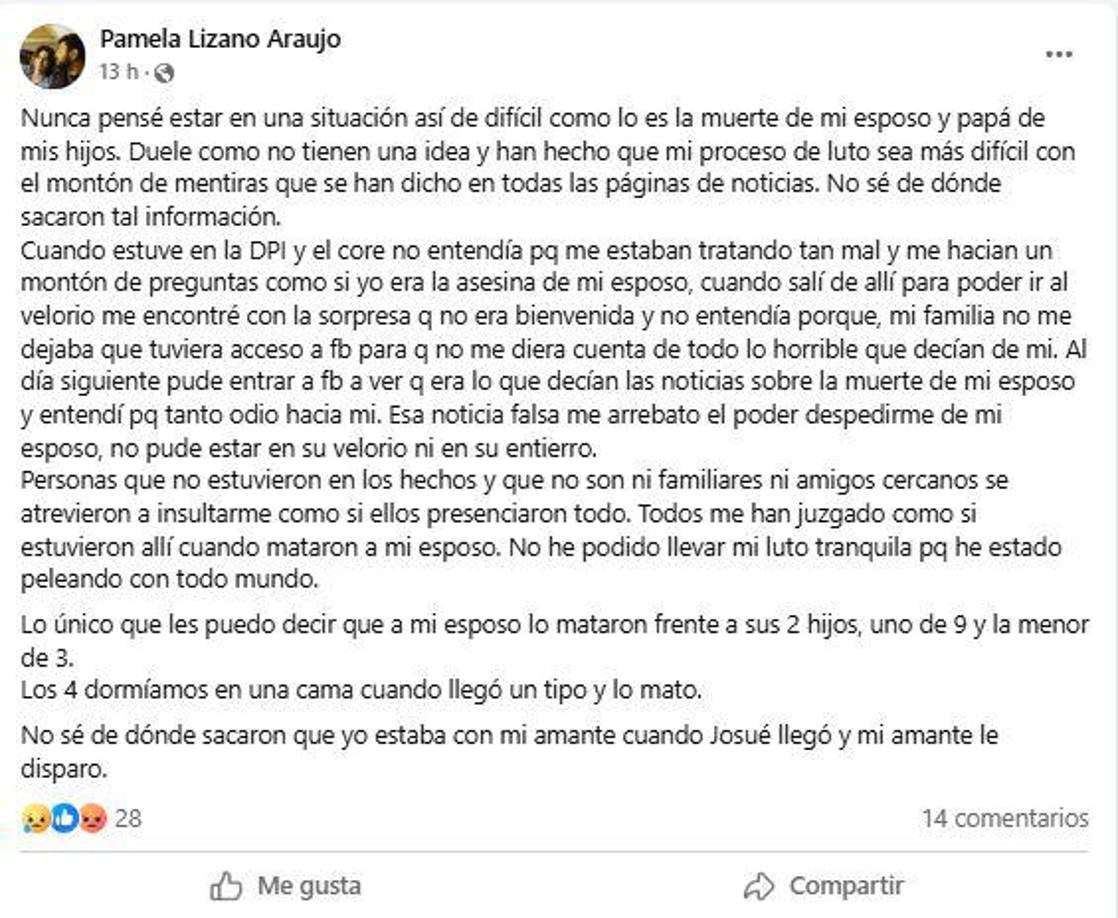 La publicación de Pamela Lizano Araujo en Facebook. 