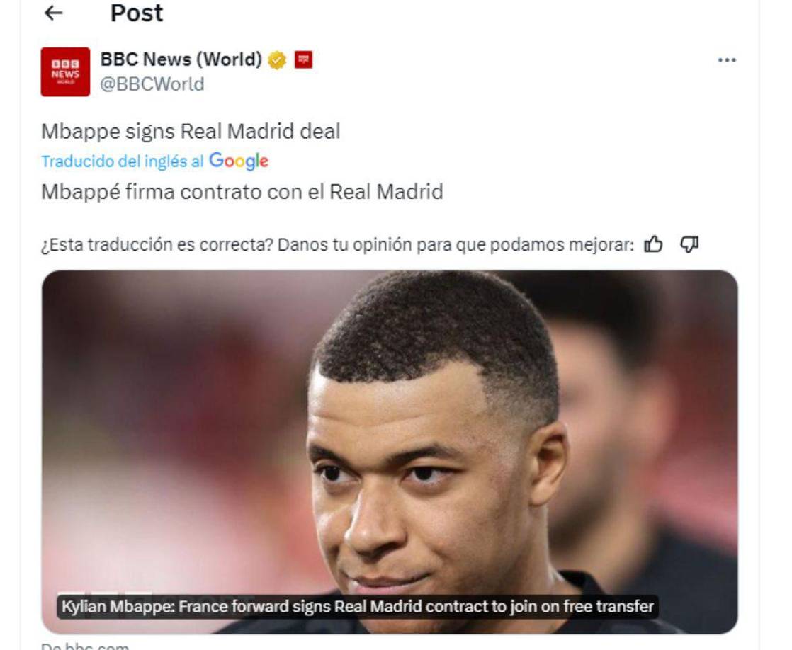 La BBC informa sobre Mbappé y su llegada al Real Madrid. 