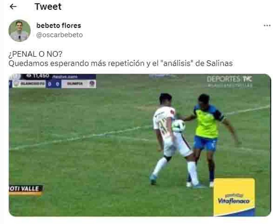 La polémica no podía faltar y en el primer tiempo se dio una acción que se reclamó como posible penal para Olancho FC: “Quedamos esperando más repetición y el análisis de Salinas”, señaló Bebeto Flores.