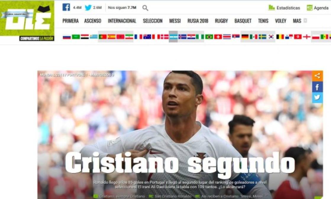 El diario Olé de Argentina dejó este título en el aire. Cristiano es el segundo anotador en el ránking de selecciones.