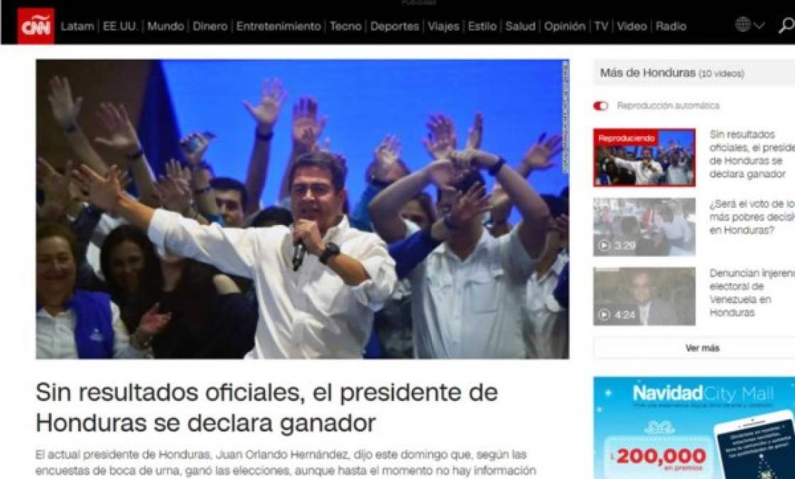 CNN en Español: 'Sin resultados oficiales, el presidente de Honduras se declara ganador'.