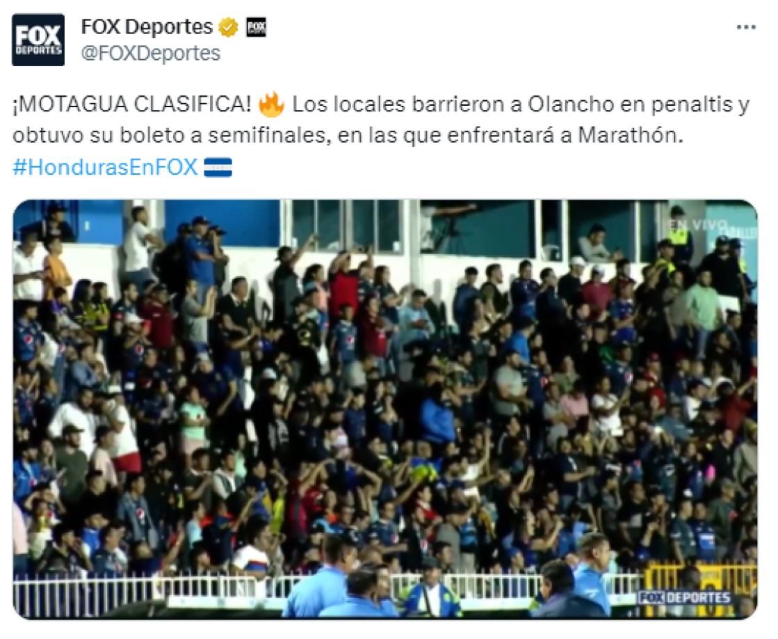 Desde Fox Sports estuvieron pendientes del compromiso y publicaron que Motagua barrió al Olancho FC en penales y obtuvo su boleto a semifinales.