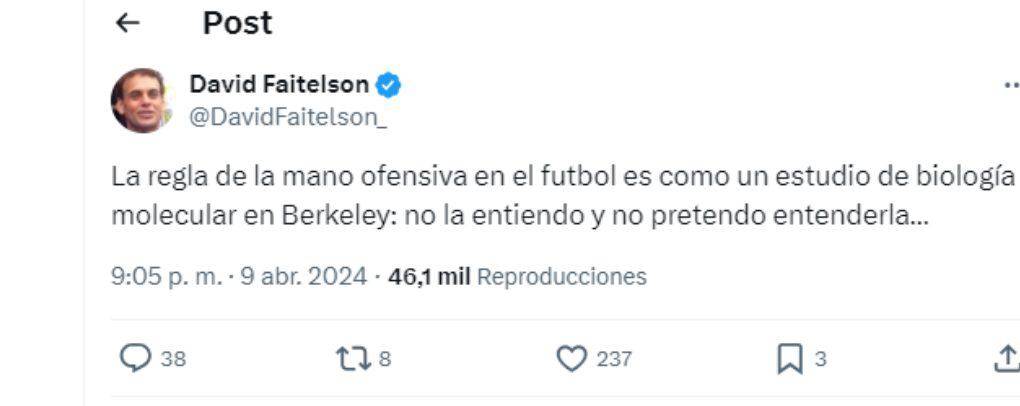 Faitelson también dio su punto de vista tras el gol marcado por Diego Valdés en una acción donde le dio en la mano: “No la entiendo y no pretendo entenderla”, dijo.