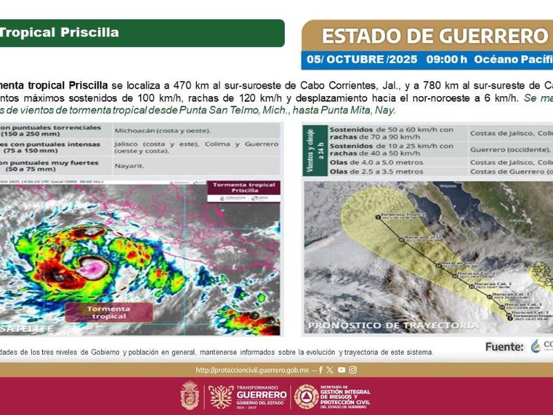 Tormenta tropical Priscilla provoca alertas en Michoacán, Jalisco, Colima y Guerrero