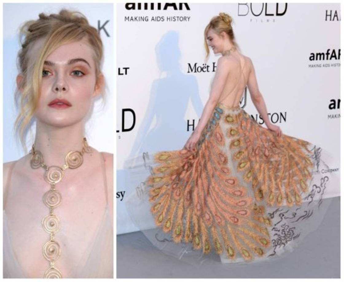 La actriz Elle Fanning lució un Valentino Couture en la gala AmFAR 2016 en el Festival de Cine de Cannes.