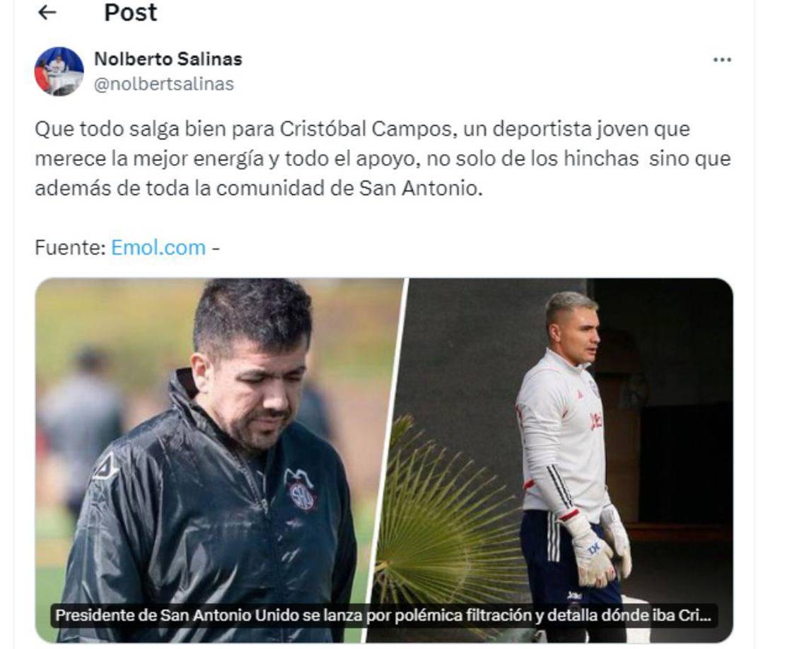 Todas las energías del fútbol chileno y del país siguen concentradas en que Cristóbal Campos logre superar esta adversidad que le presentó la vida tras sufrir un terrible accidente vehicular, y todos esperan su recuperación.