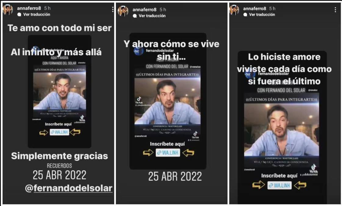 Anna Ferro compartió varias stories en su cuenta de Instagram en las que manifestó el dolor por la pérdida de su esposo. 