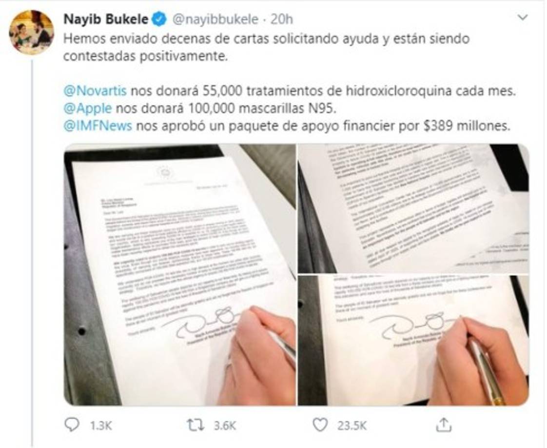 Bukele también agradeció a las empresas extranjeras que han realizado grandes donaciones a El Salvador.