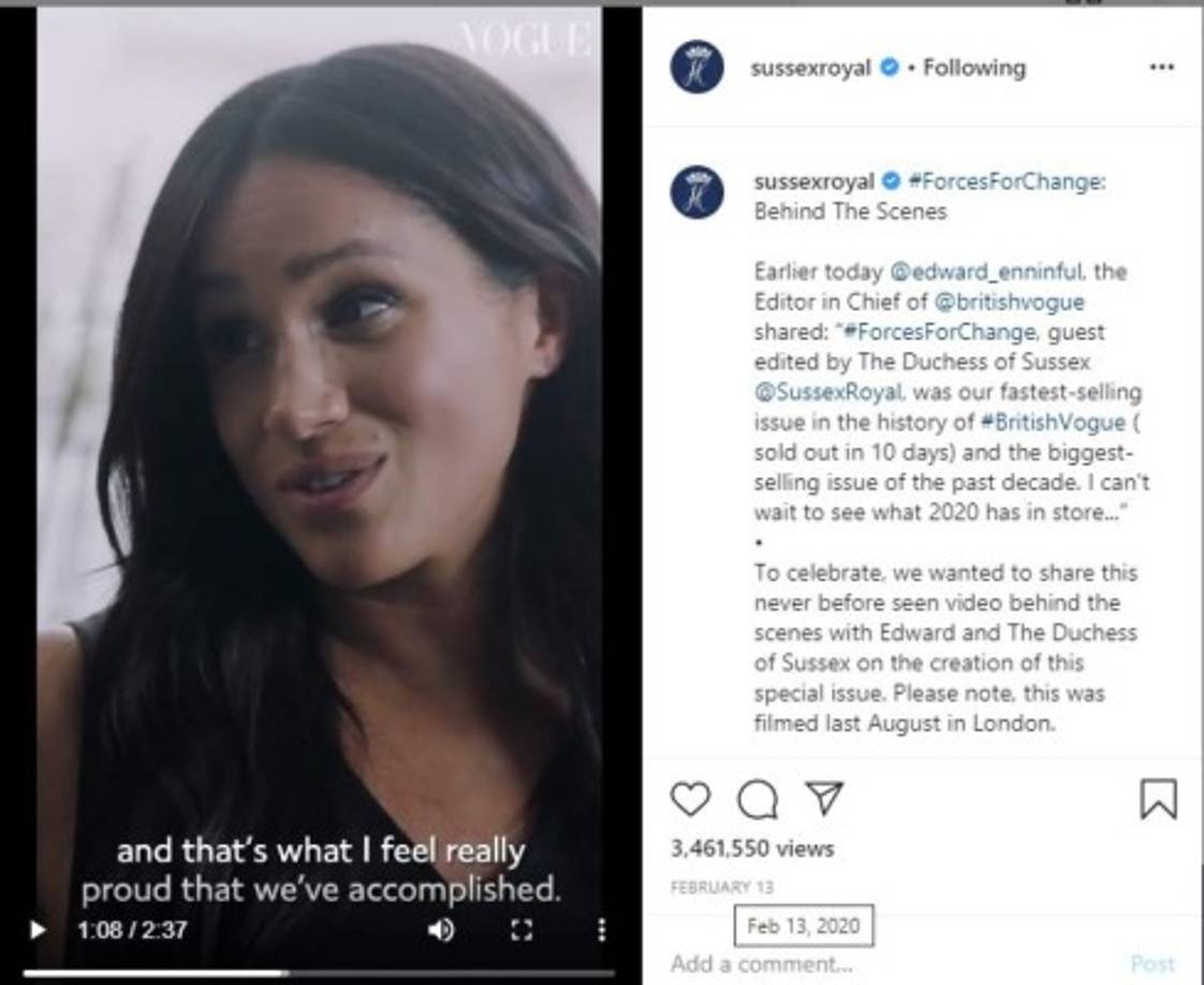 Por alguna razón Meghan decidió publicar hasta medidados de febrero - mientras William y Kate hacían gira en Irlanda- una entrevista hecha cuando la exactriz fue editora invitada en un especial de la revista Vogue en septiembre de 2019