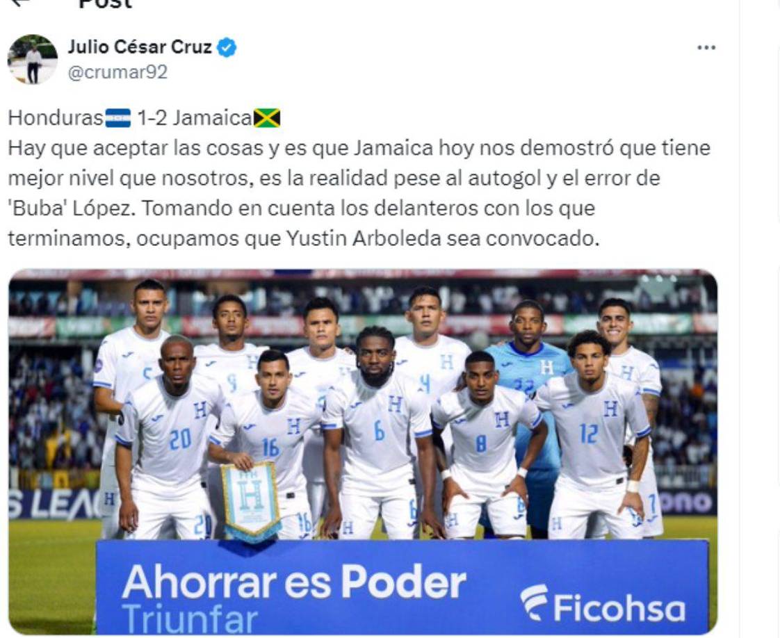 ”Hay que aceptar las cosas y es que Jamaica hoy nos demostró que tiene mejor nivel que nosotros, es la realidad pese al autogol y el error de ‘Buba’ López. Tomando en cuenta los delanteros con los que terminamos, ocupamos que Yustin Arboleda sea convocado”. fue el comentario del periodista Julio Cruz.