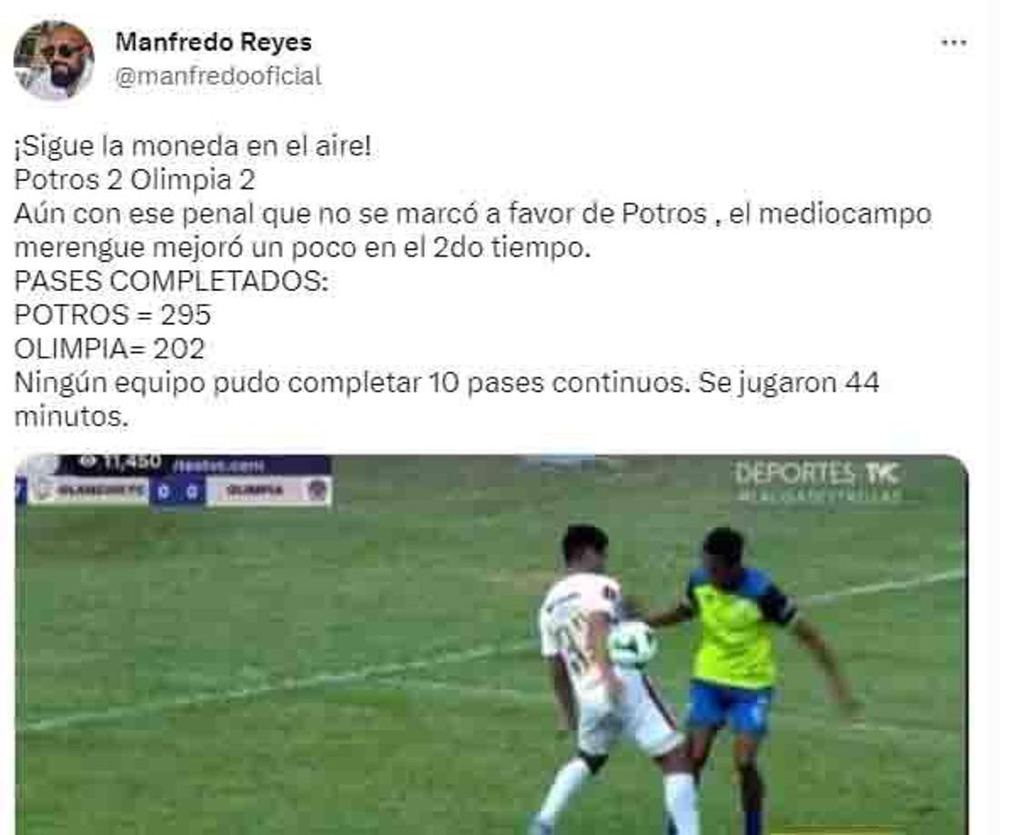 Manfredo Reyes: “Sigue la moneda en el airea. Aún con ese penal que no se marcó a favor de Potros.”