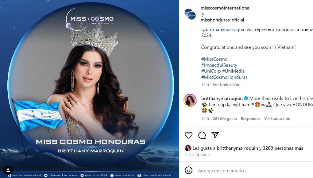 Por su parte, en las redes oficiales del certamen de belleza internacional, también presentaron a la representante de Honduras. 