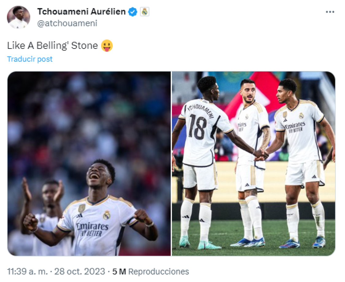 Tchouaméni fue más creativo e hizo un juego palabras con el nombre de Bellingham y los Rolling Stone, protagonistas este sábado tras el homenaje del Barcelona.