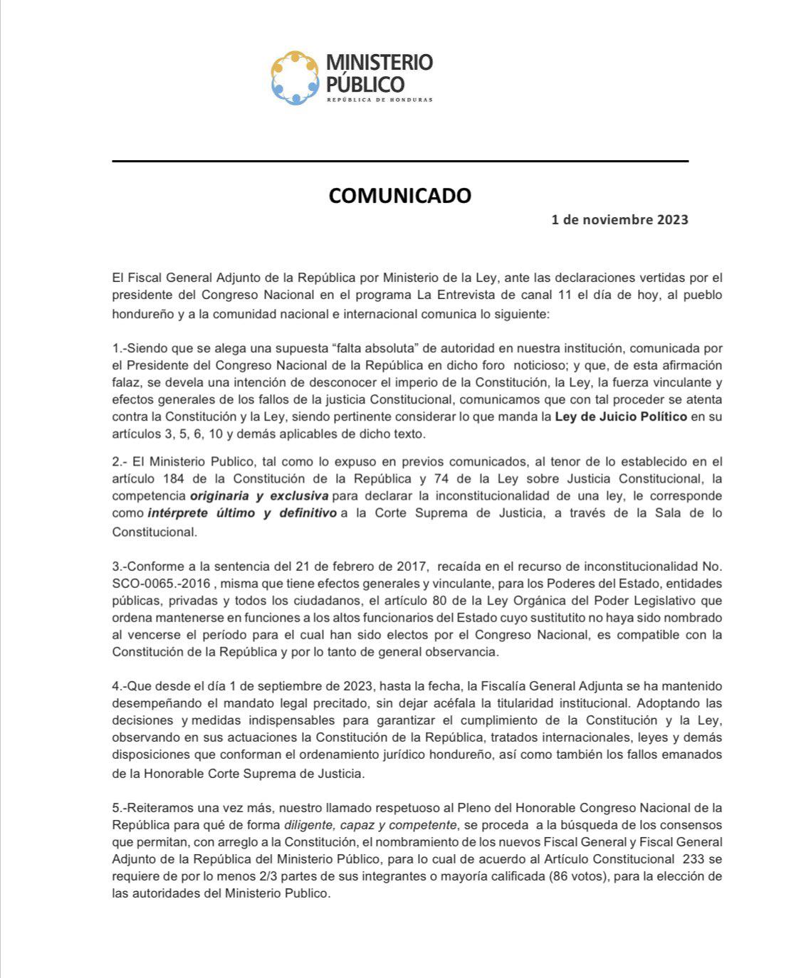 El Ministerio Público emitió el comunicado estableciendo que Redondo está expuesto a un juicio político.
