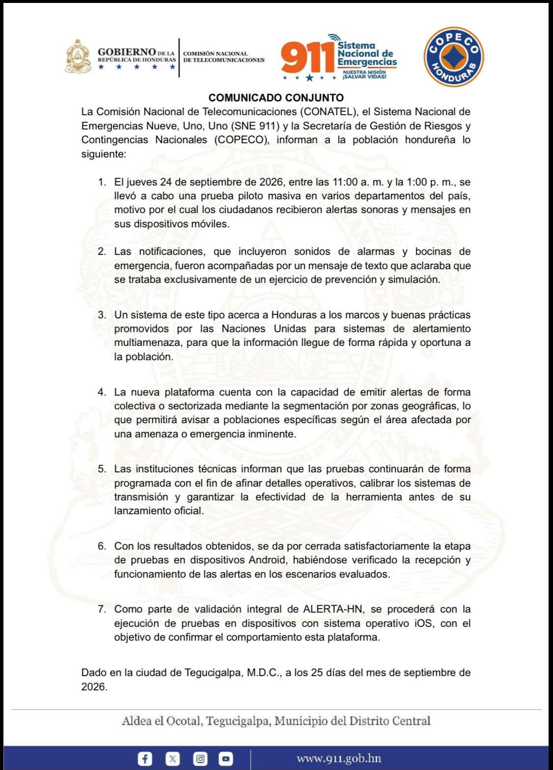 Conatel anuncia nuevas pruebas de ALERTA-HN en iOS.