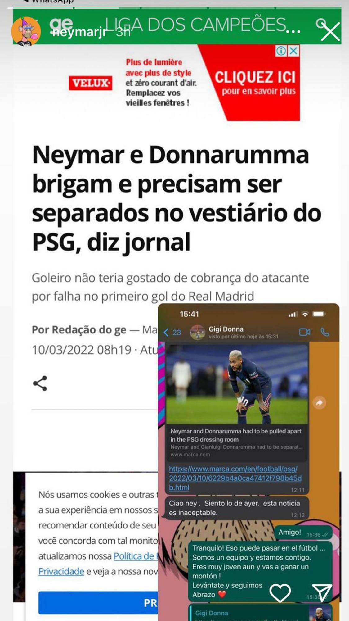 La noticia que desmintió Neymar en sus redes sociales y el mensaje que le escribió Donnarumma en WhatsApp.