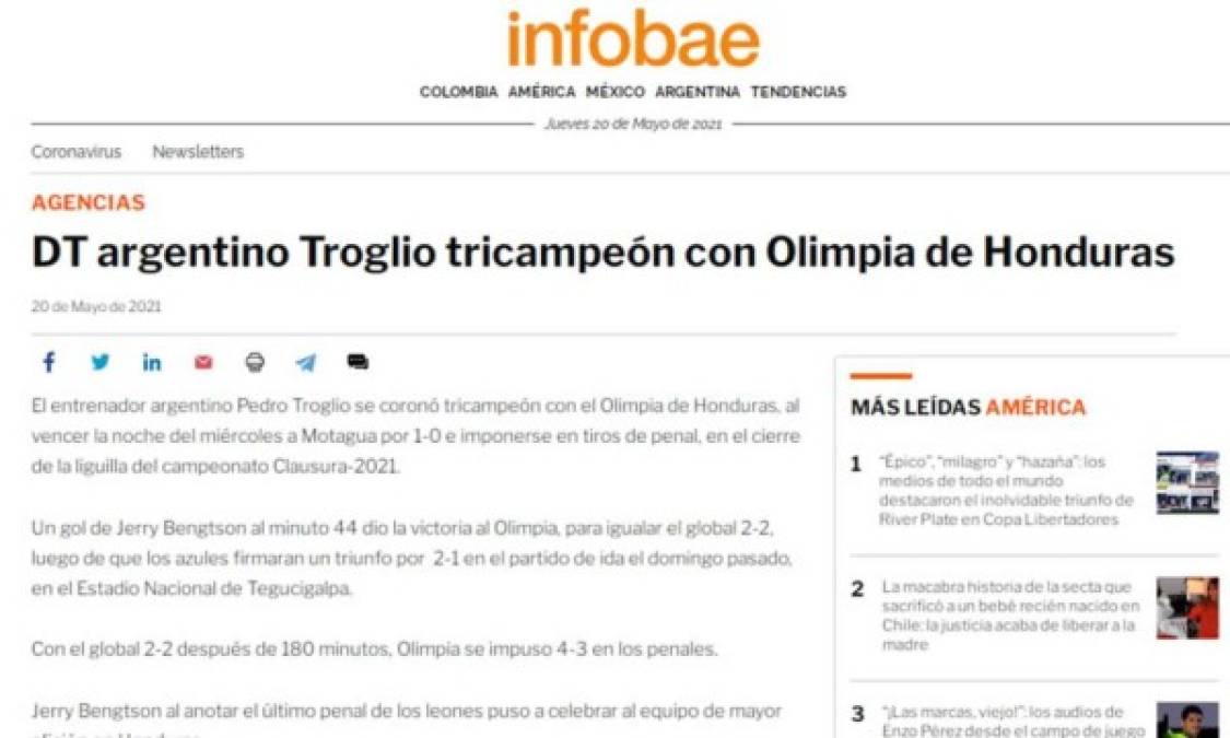 Infobae de Argentina - “DT argentino Troglio tricampeón con Olimpia de Honduras”.
