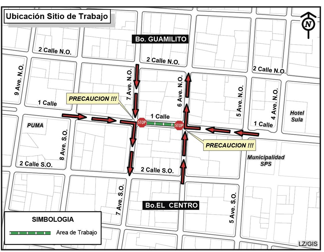 Ubicación del hundimiento en la 1ra calle, entre la 6 y 7 avenida de San Pedro Sula.