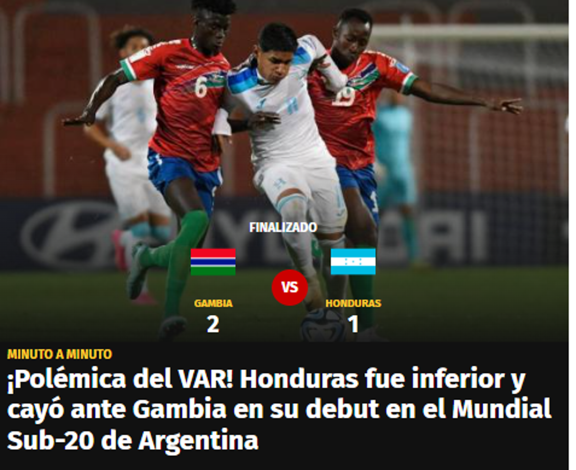 Diario DIEZ: “¡Polémica del VAR! Honduras fue inferior y cayó ante Gambia en su debut en el Mundial Sub-20 de Argentina”.