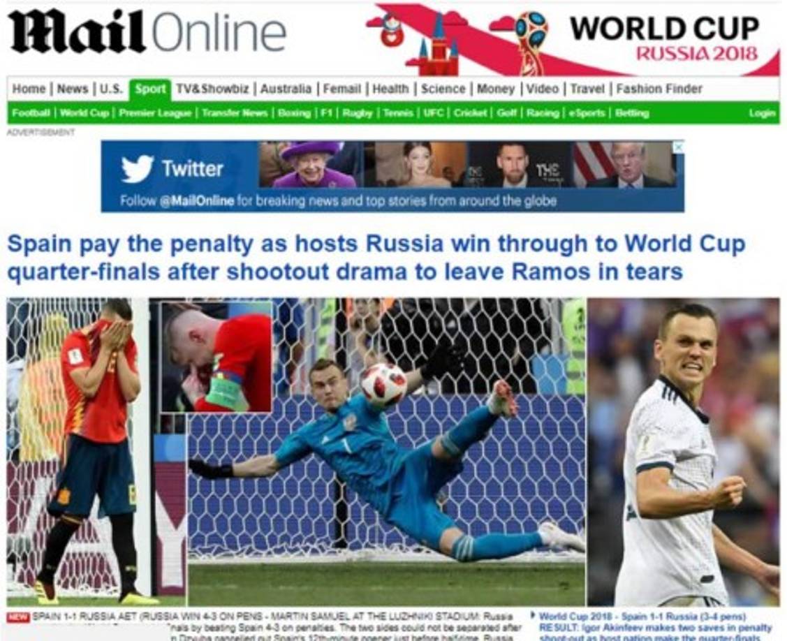 Daily Mail de Inglaterra: '¡Adios, Ramos!. España eliminada después del drama de los penales para dejar al capitán llorando mientras la Copa del Mundo de cuento de hadas de Rusia continúa'.<br/>Información del Traductor de GoogleComunidadMóvil<br/>Acerca de GooglePrivacidad y condicionesAyudaDanos tu opinión<br/><br/>